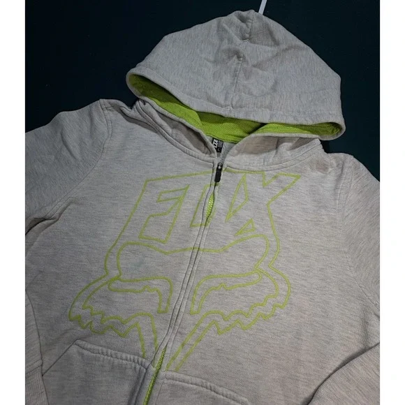 Vintage Fox Racing Hoodie Sweatshirt Womens Large Gray Neon Green Y2K Full Zip - Picture 2 of 12